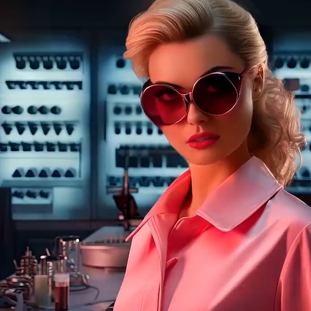 Animation of a women wearing sunglasses and a pink top. In the background you see a tool shop.